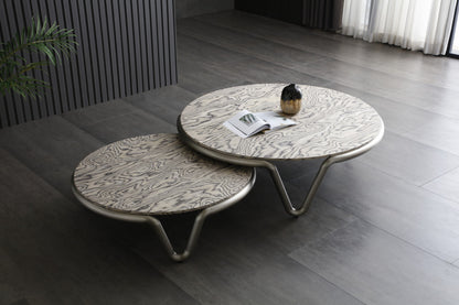 55" Gray and Silver Wood and Stainless Steel Round Coffee Table