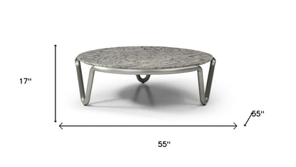 55" Gray and Silver Wood and Stainless Steel Round Coffee Table