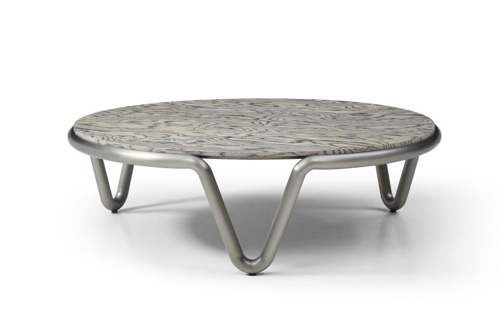 43" Gray and Silver Wood and Stainless Steel Round Coffee Table