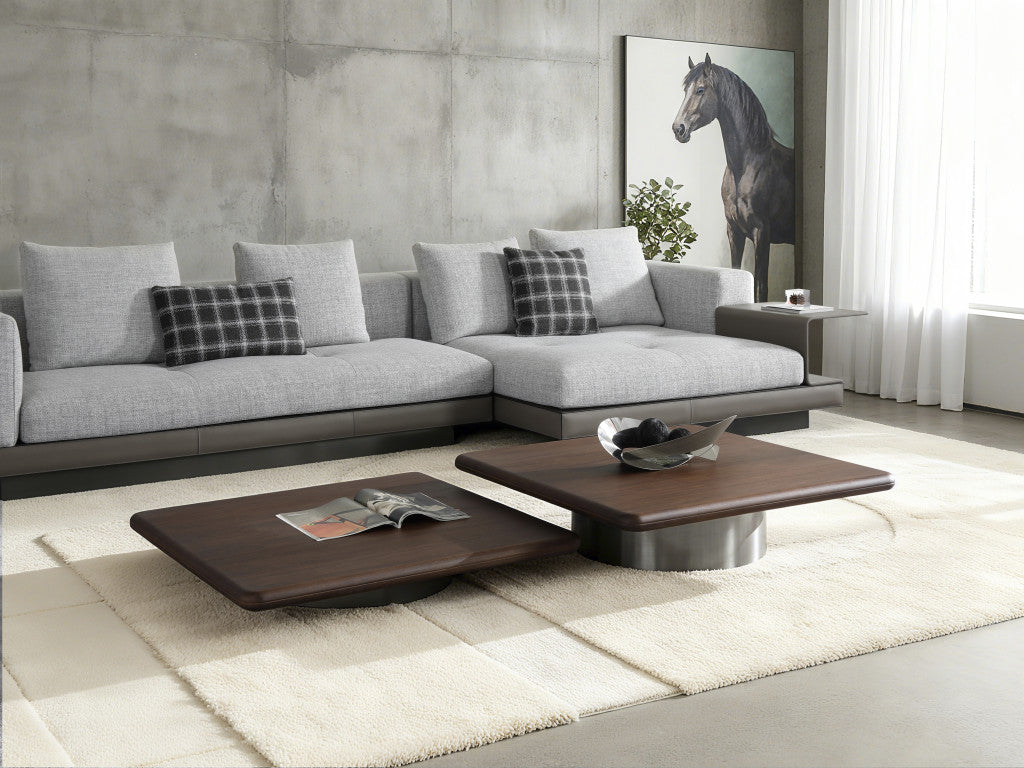 39" Brown and Silver Wood and Stainless Steel Square Pedestal Coffee Table