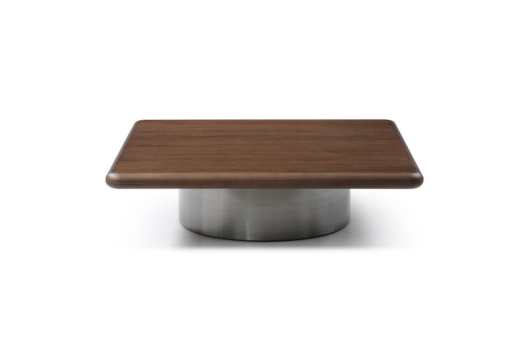 39" Brown and Silver Wood and Stainless Steel Square Pedestal Coffee Table