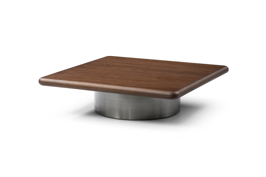 39" Brown and Silver Wood and Stainless Steel Square Pedestal Coffee Table