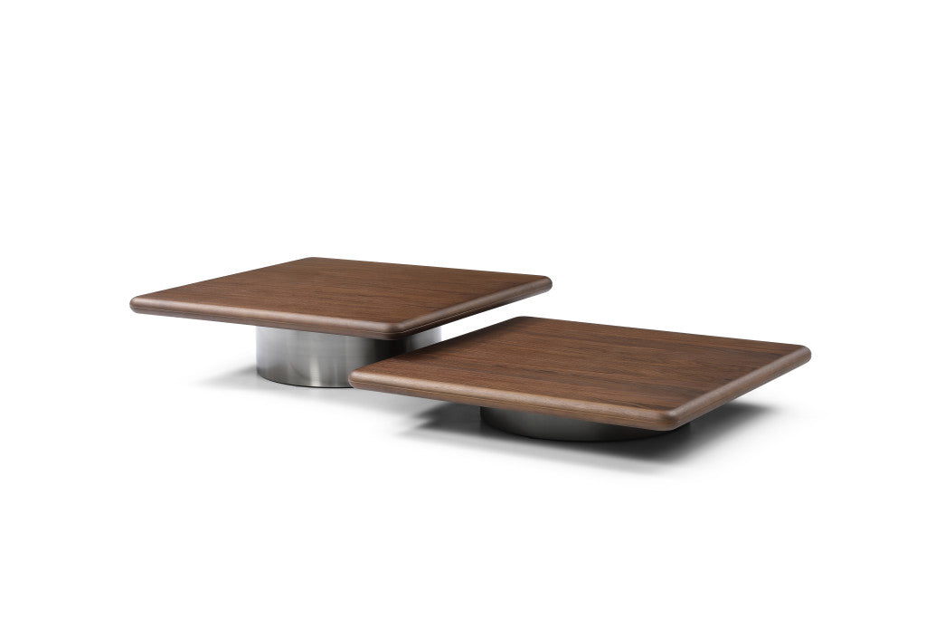 39" Brown and Silver Wood and Stainless Steel Square Pedestal Coffee Table