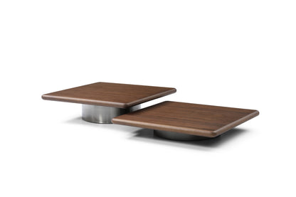 39" Brown and Silver Wood and Stainless Steel Square Pedestal Coffee Table