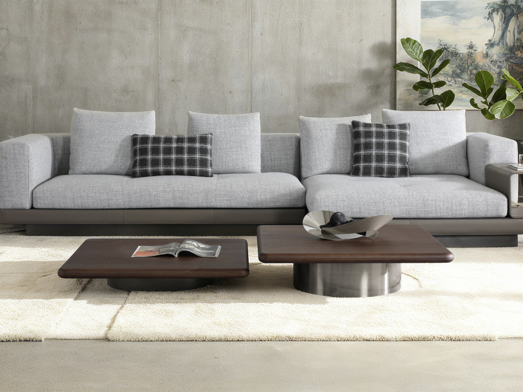 39" Brown and Silver Wood and Stainless Steel Square Pedestal Coffee Table