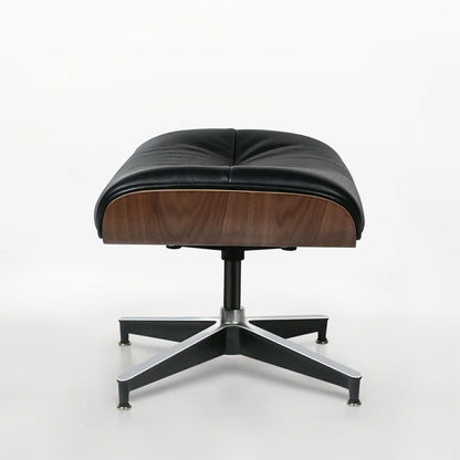33" Black and Walnut Tufted Genuine Leather and Stainless Steel Lounge Chair With Ottoman