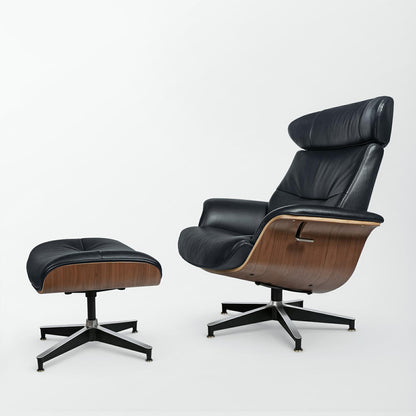 33" Black and Walnut Tufted Genuine Leather and Stainless Steel Lounge Chair With Ottoman