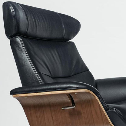 33" Black and Walnut Tufted Genuine Leather and Stainless Steel Lounge Chair With Ottoman