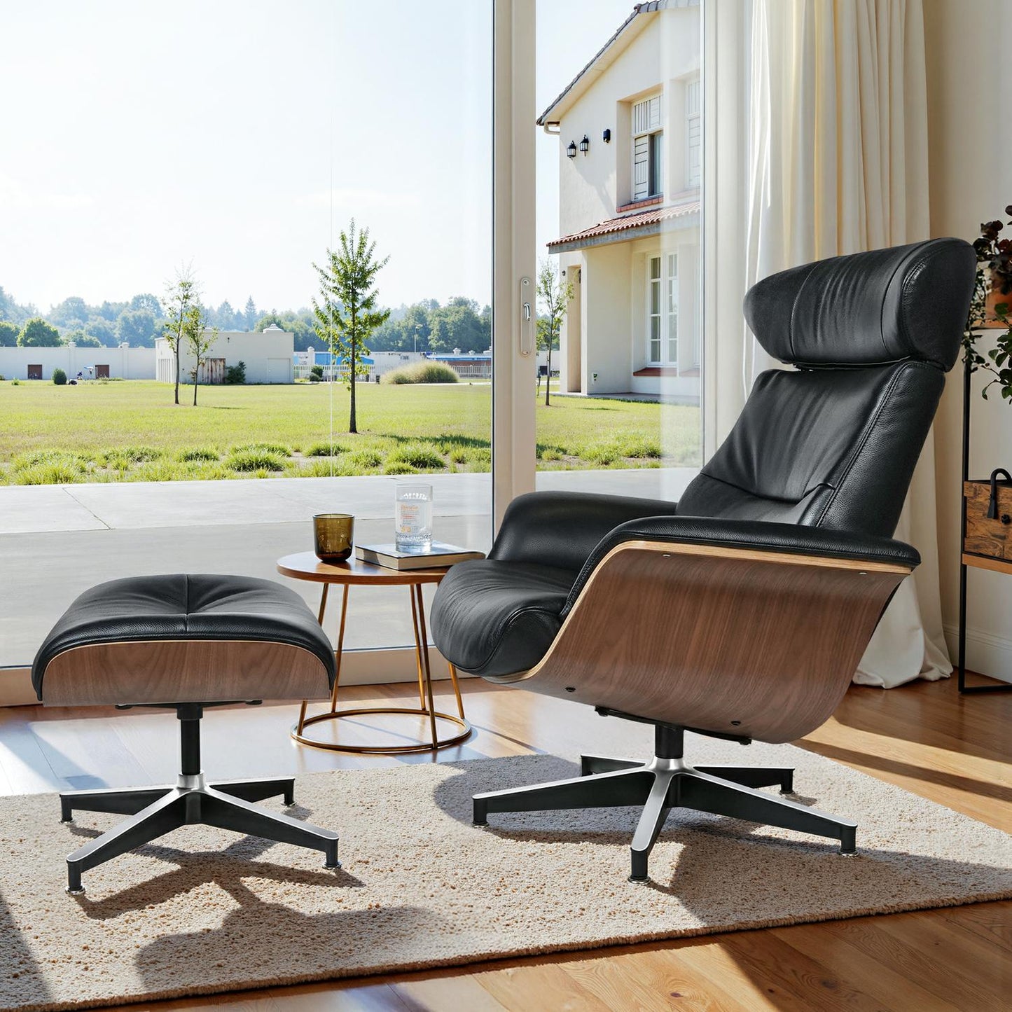 33" Black and Walnut Tufted Genuine Leather and Stainless Steel Lounge Chair With Ottoman