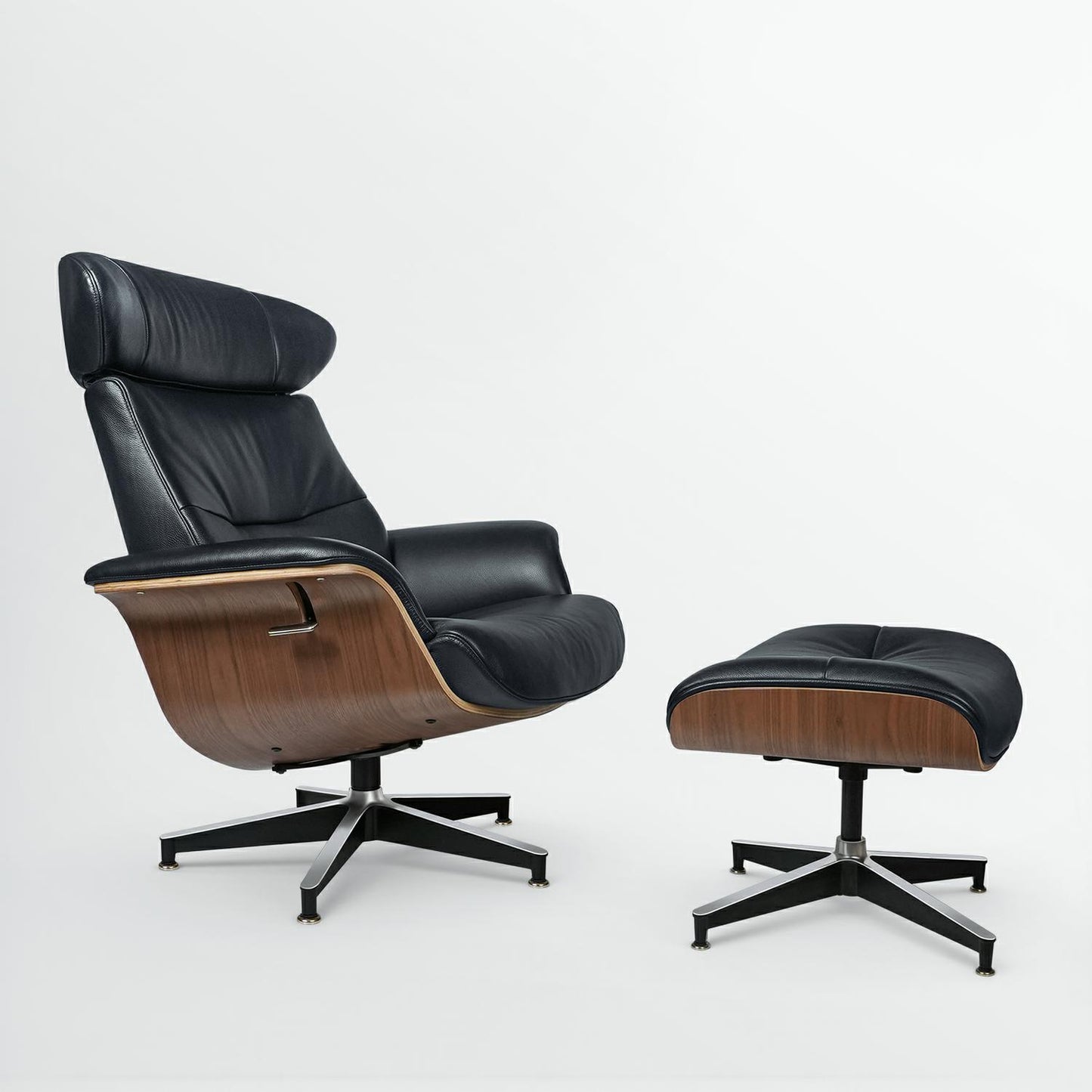 33" Black and Walnut Tufted Genuine Leather and Stainless Steel Lounge Chair With Ottoman
