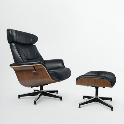 33" Black and Walnut Tufted Genuine Leather and Stainless Steel Lounge Chair With Ottoman