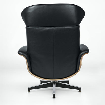 33" Black and Walnut Tufted Genuine Leather and Stainless Steel Lounge Chair With Ottoman