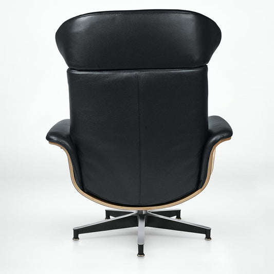 33" Black and Walnut Tufted Genuine Leather and Stainless Steel Lounge Chair With Ottoman