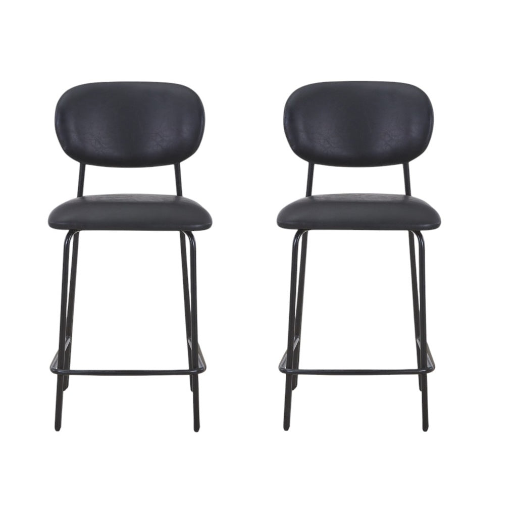 Set of Two 26" Black Faux Leather and Metal Counter Height Bar Chairs