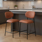 Set of Two 26" Brown and Black Faux Leather and Metal Counter Height Bar Chairs