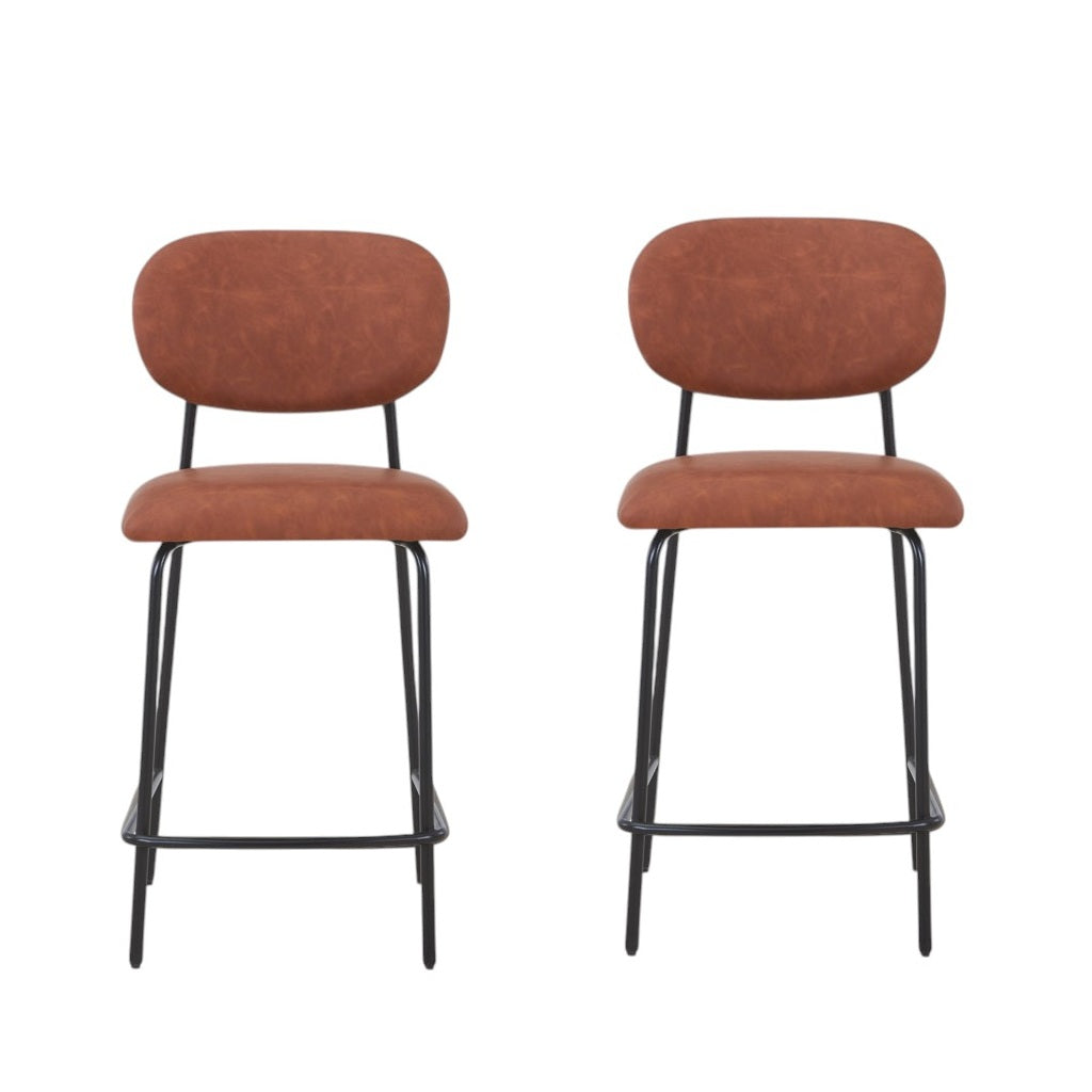 Set of Two 26" Brown and Black Faux Leather and Metal Counter Height Bar Chairs