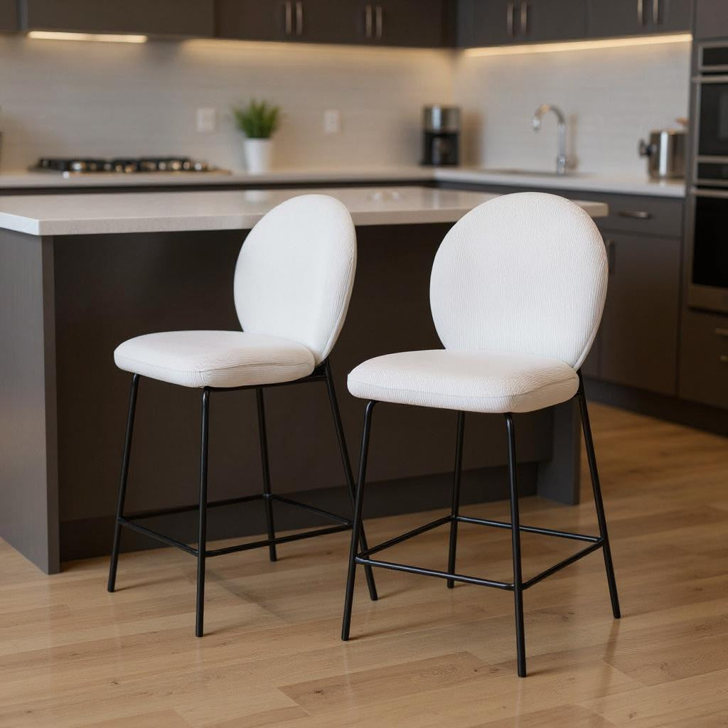Set of Two 26" Cream and Black Fabric and Metal Counter Height Bar Chairs