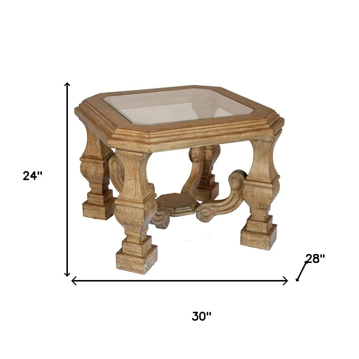 24" Light Brown And Clear Wood And Glass Square End Table