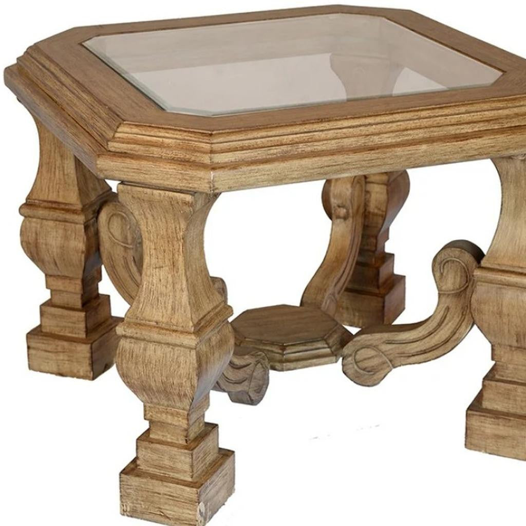 24" Light Brown And Clear Wood And Glass Square End Table