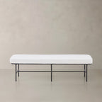 63" Cream and Black Tufted Striped Corduroy and Metal Upholstered Dining Bench