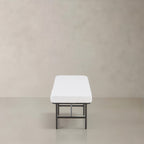 63" Cream and Black Tufted Striped Corduroy and Metal Upholstered Dining Bench