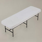63" Cream and Black Tufted Striped Corduroy and Metal Upholstered Dining Bench