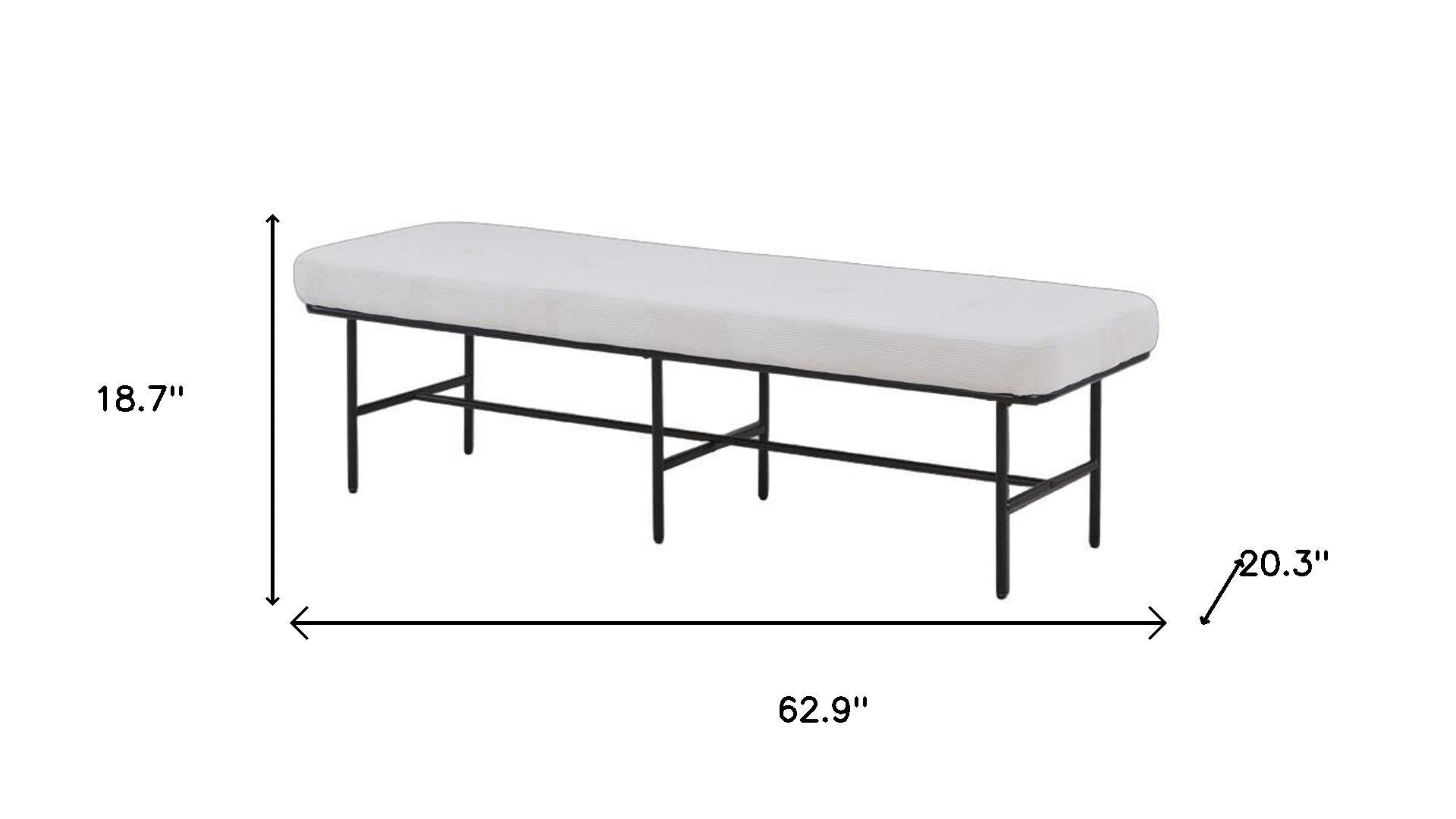 63" Cream and Black Tufted Striped Corduroy and Metal Upholstered Dining Bench