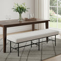63" Cream and Black Tufted Striped Corduroy and Metal Upholstered Dining Bench
