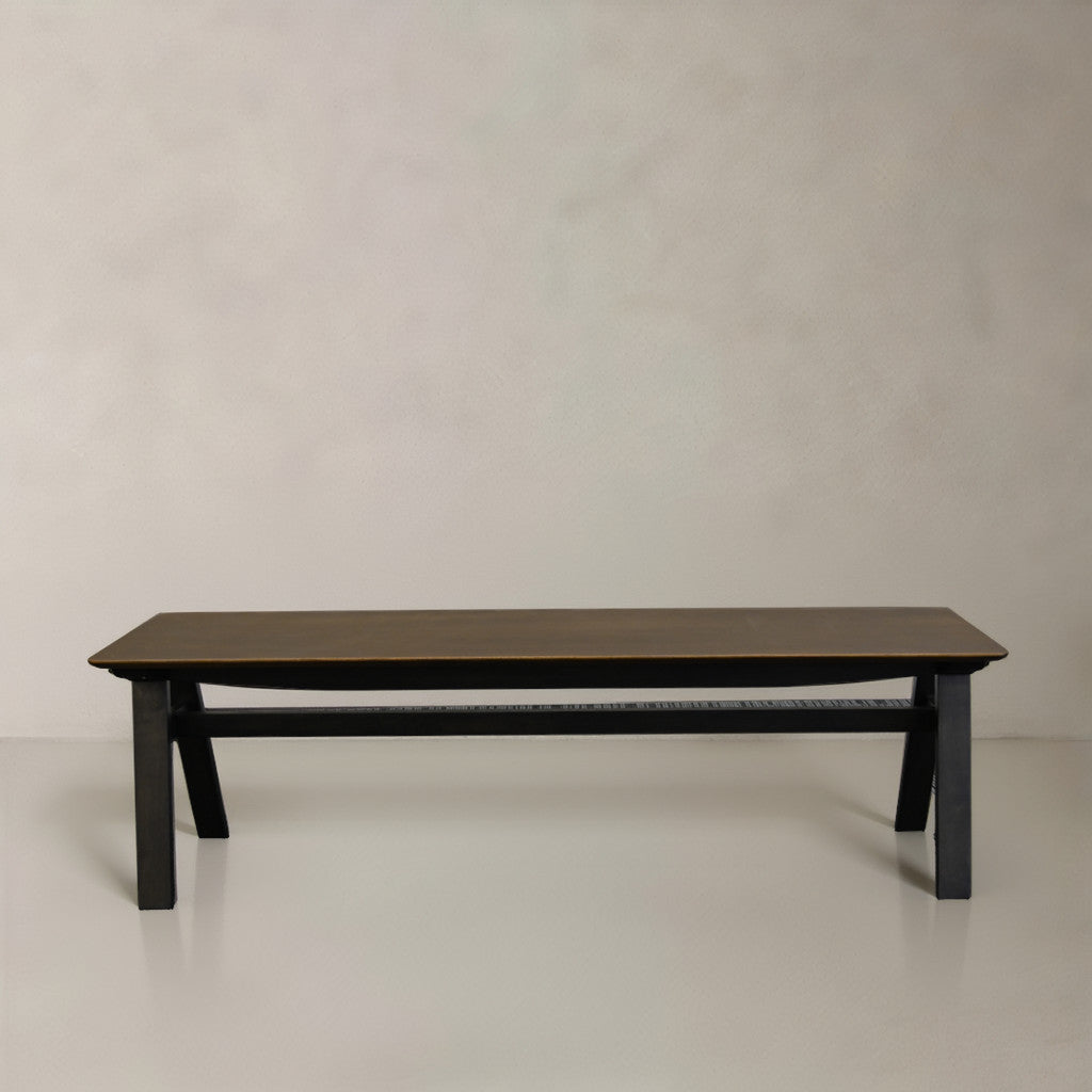 59" Brown and Black Tufted Solid Wood Dining Bench