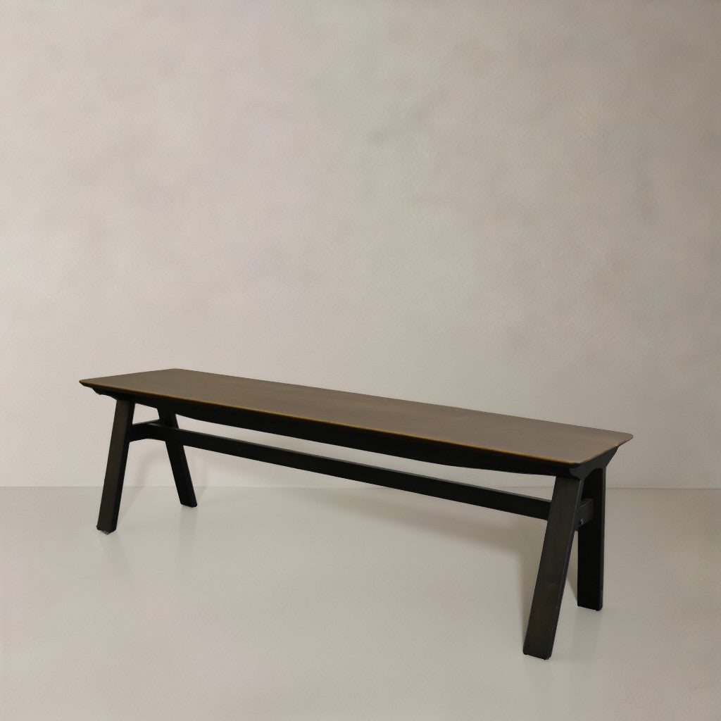 59" Brown and Black Tufted Solid Wood Dining Bench