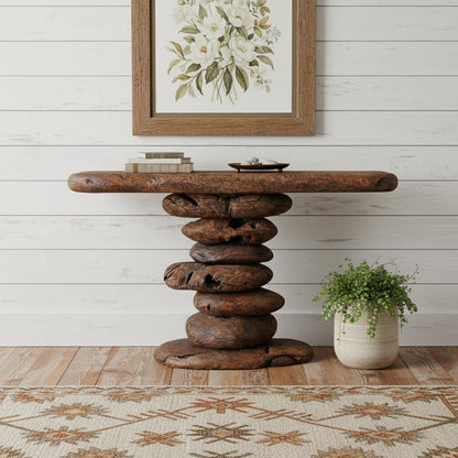 51" Dark Brown Reclaimed Wood and Solid Wood Free Form Pedestal Console Table