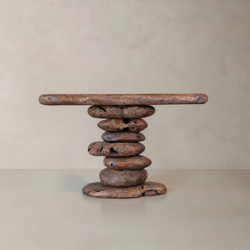 51" Dark Brown Reclaimed Wood and Solid Wood Free Form Pedestal Console Table