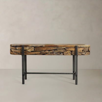 55" Natural and Gunmetal Wood and Metal Distressed Oval Console Table