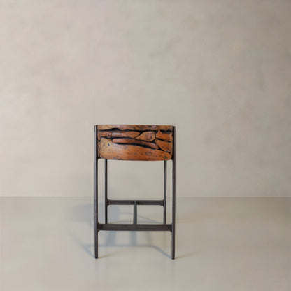 55" Natural and Gunmetal Wood and Metal Distressed Oval Console Table