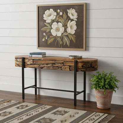55" Natural and Gunmetal Wood and Metal Distressed Oval Console Table