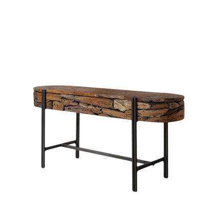 55" Natural and Gunmetal Wood and Metal Distressed Oval Console Table