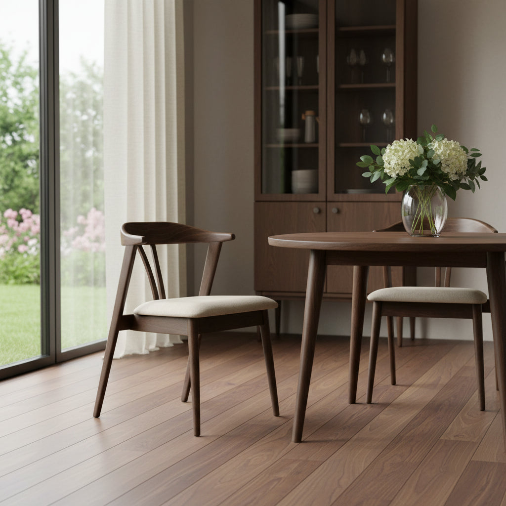 Set of Two Cream and Walnut Fabric and Solid Wood Wishbone Back Dining Side Chairs