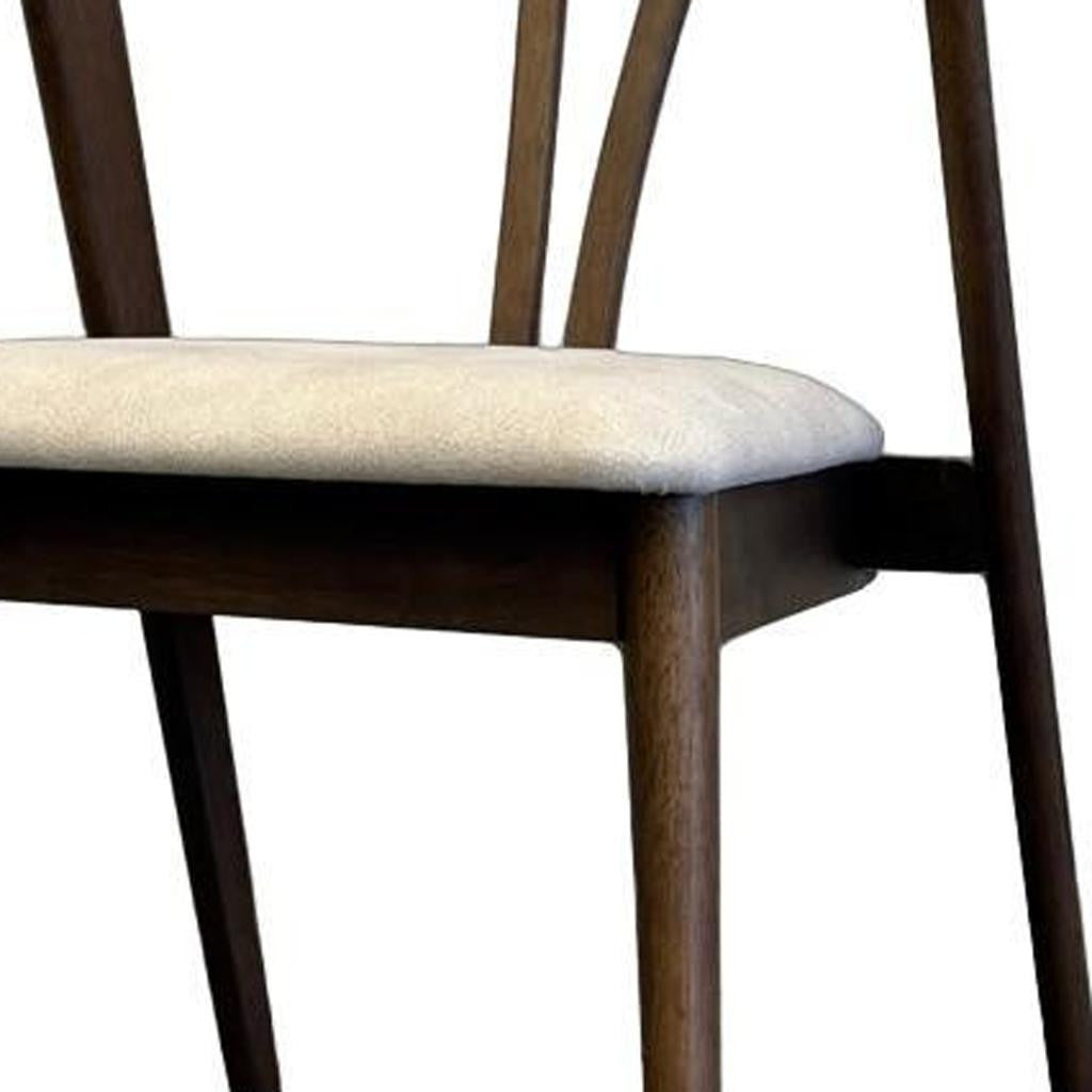 Set of Two Cream and Walnut Fabric and Solid Wood Wishbone Back Dining Side Chairs