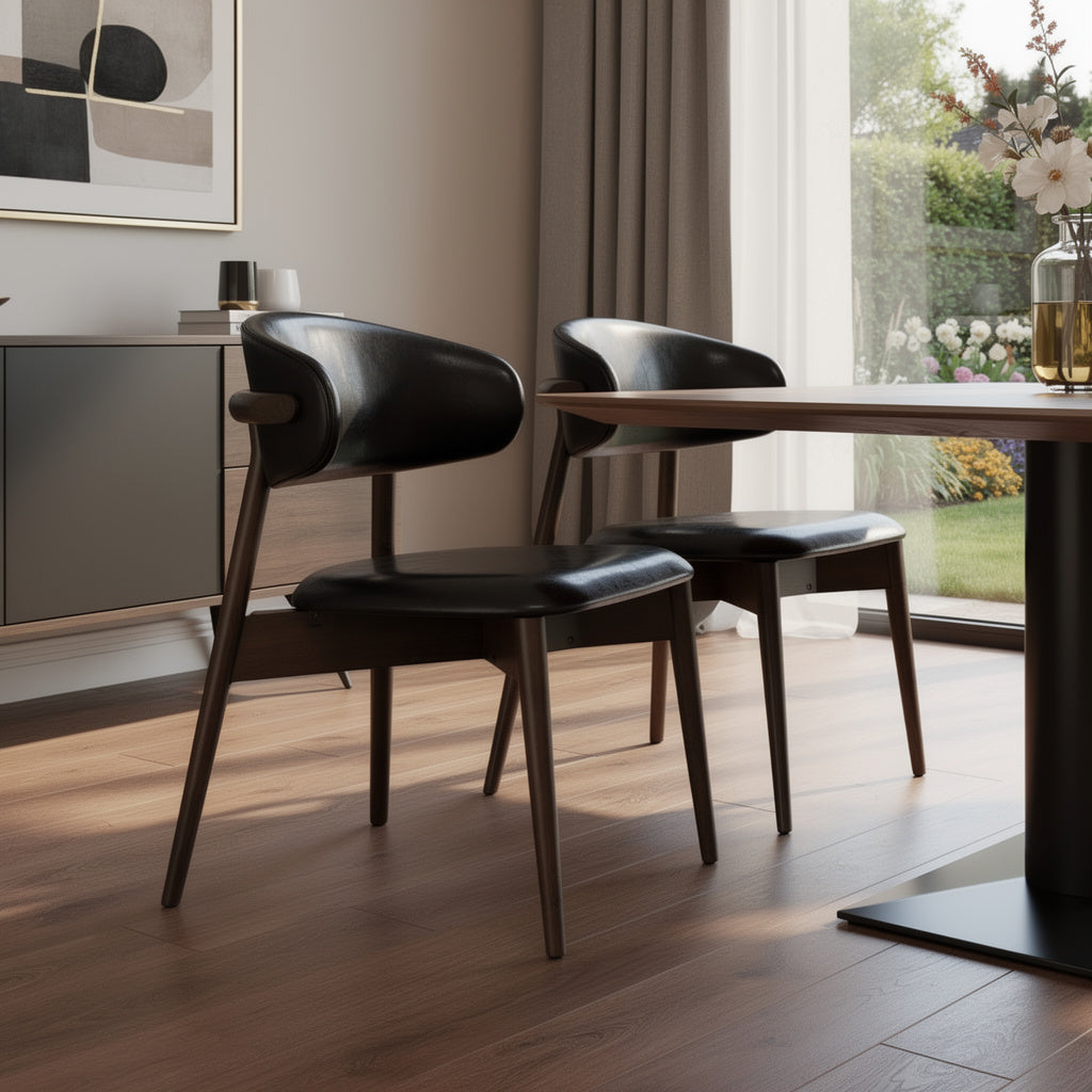 Set of Two Black and Walnut Faux Leather and Solid Wood Partially Open Back Dining Side Chairs
