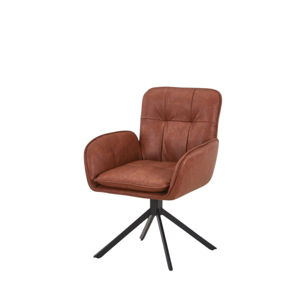 Brown and Black Faux Leather and Wood Swivel Dining Arm Chair