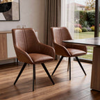 Set of Two Brown and Black Faux Leather and Wood Dining Arm Chairs