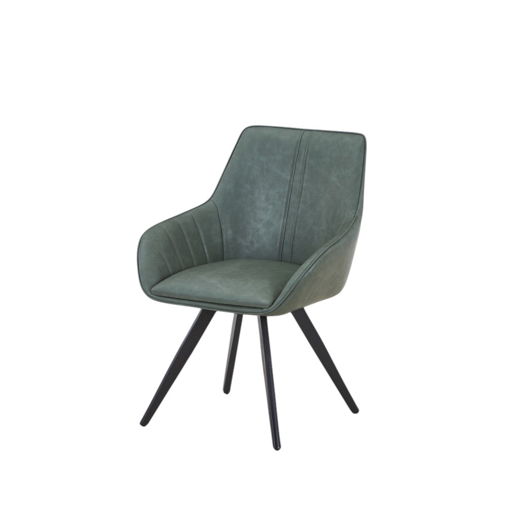 Set of Two Green and Black Faux Leather and Wood Dining Arm Chairs