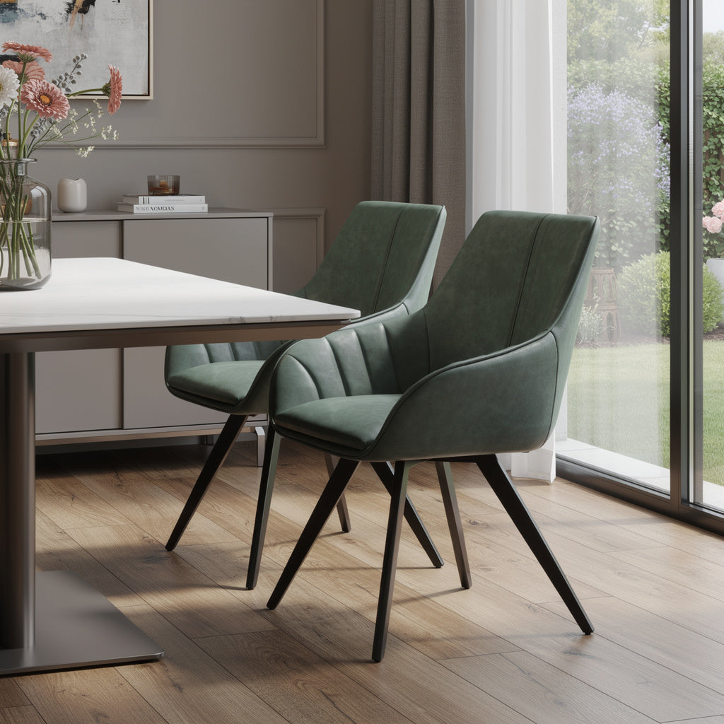 Set of Two Green and Black Faux Leather and Wood Dining Arm Chairs