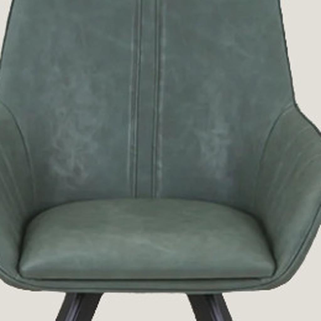 Set of Two Green and Black Faux Leather and Wood Dining Arm Chairs