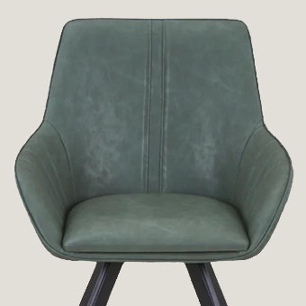 Set of Two Green and Black Faux Leather and Wood Dining Arm Chairs