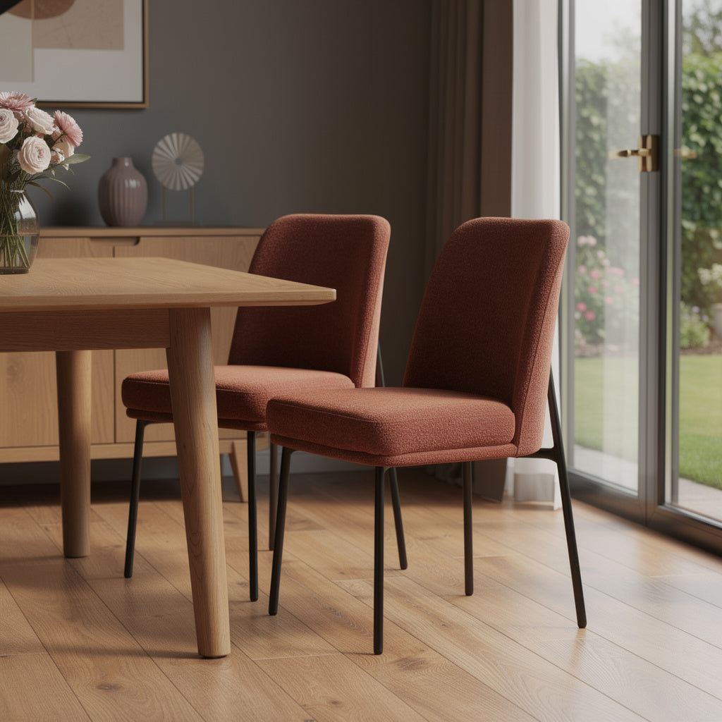 Set of Two Burnt Orange and Black Boucle and Wood Dining Side Chairs