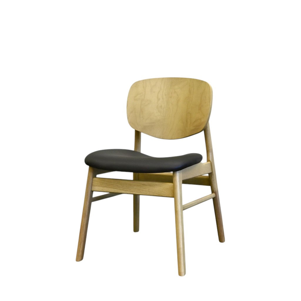 Set of Two Black and Oak Faux Leather and Solid Wood Partially Open Back Dining Side Chairs