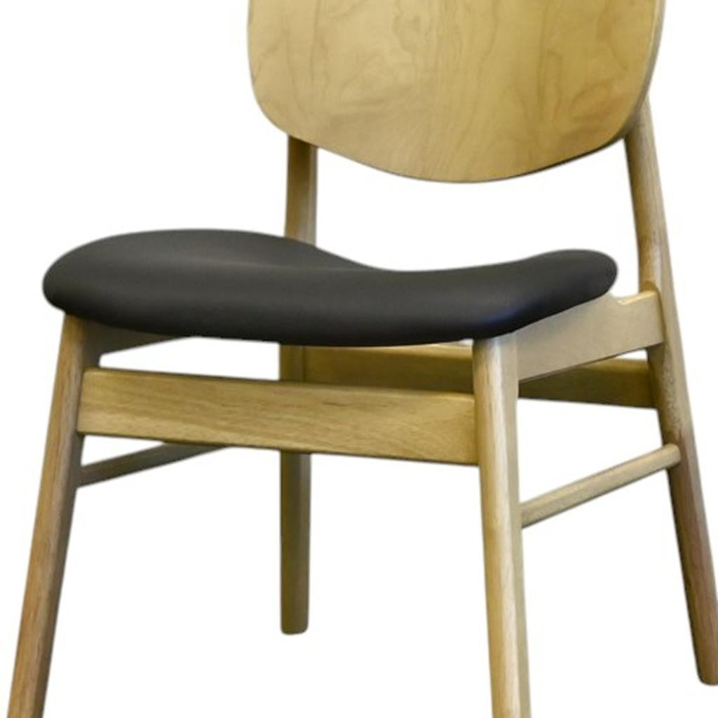 Set of Two Black and Oak Faux Leather and Solid Wood Partially Open Back Dining Side Chairs