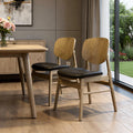 Set of Two Black and Oak Faux Leather and Solid Wood Partially Open Back Dining Side Chairs