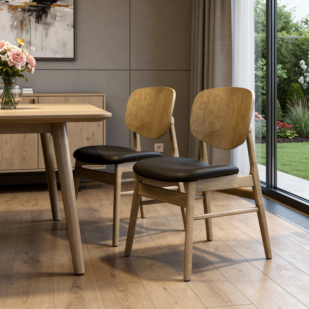 Set of Two Black and Oak Faux Leather and Solid Wood Partially Open Back Dining Side Chairs
